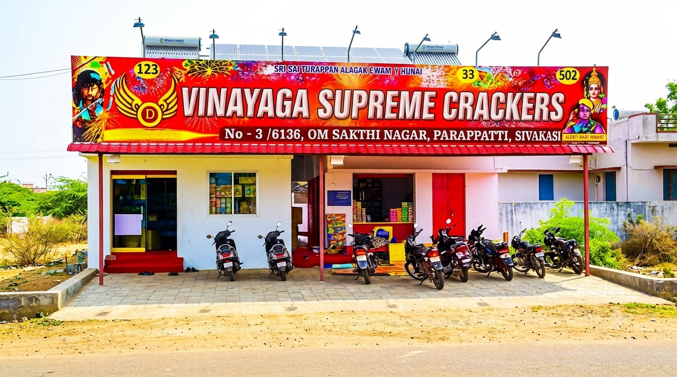 Vinayaga Supreme Crackers shop front in Sivakasi